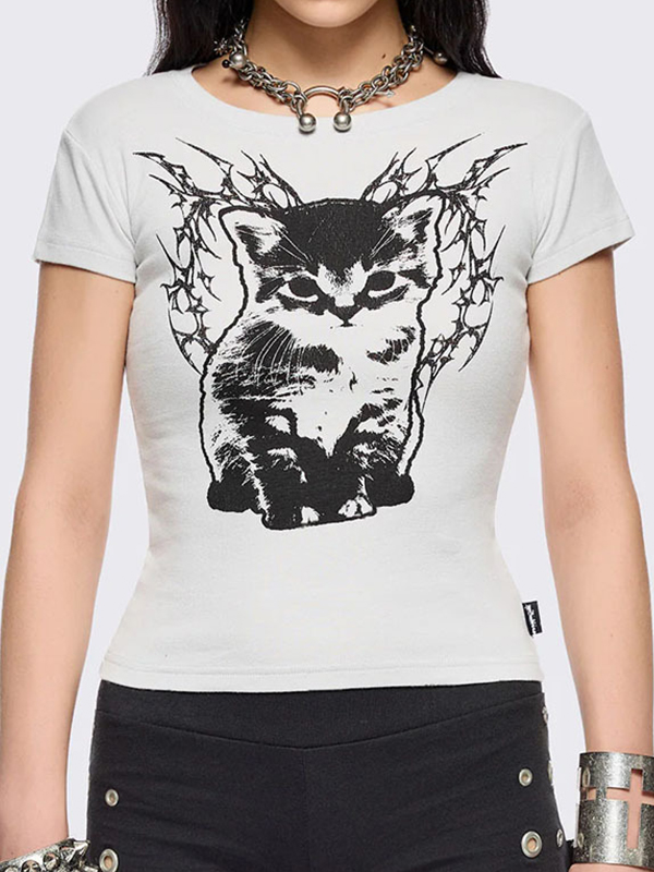 EMMIOL Anime Cat Gothic Print Short Sleeve