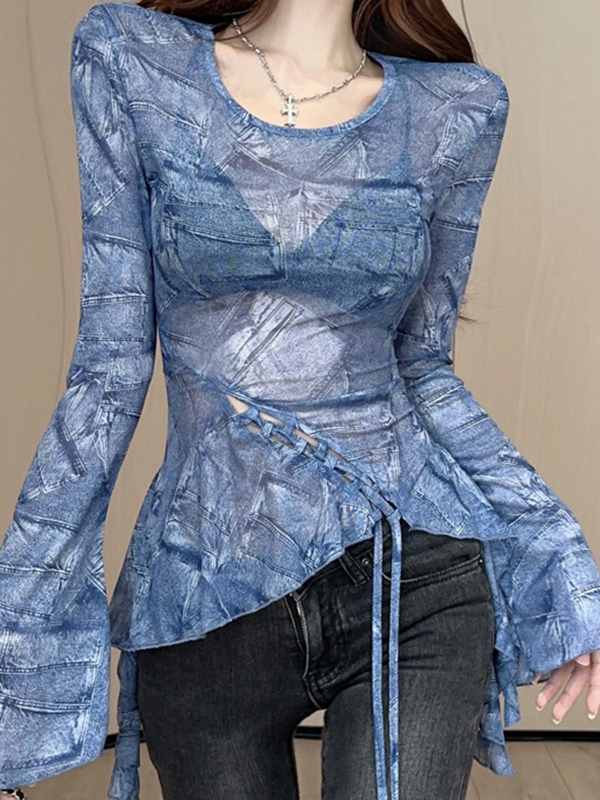 EMMIOL Denim Printed Top Long-Sleeve