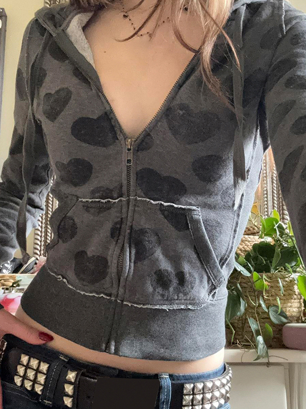 EMMIOL Retro Heart Print Zip-Up Jacket