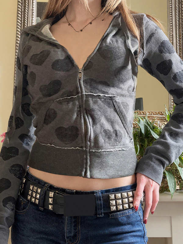 EMMIOL Retro Heart Print Zip-Up Jacket