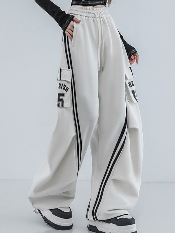 EMMIOL Pantalones de trabajo de pierna ancha con bolsillos y rayas