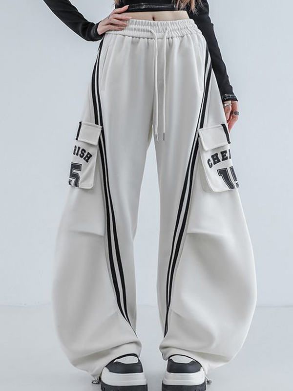 EMMIOL Pantalones de trabajo de pierna ancha con bolsillos y rayas