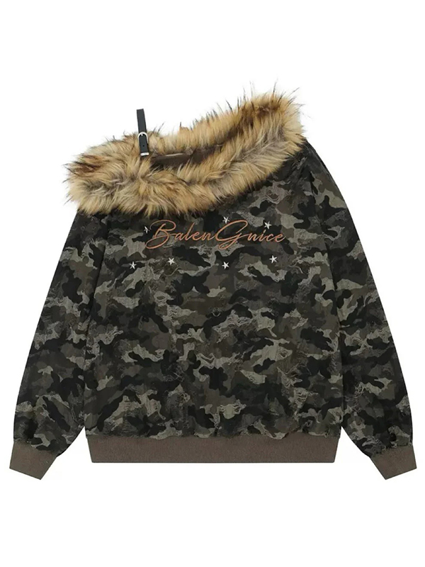 EMMIOL Camouflage Detachable Fur Collar Long Sleeve
