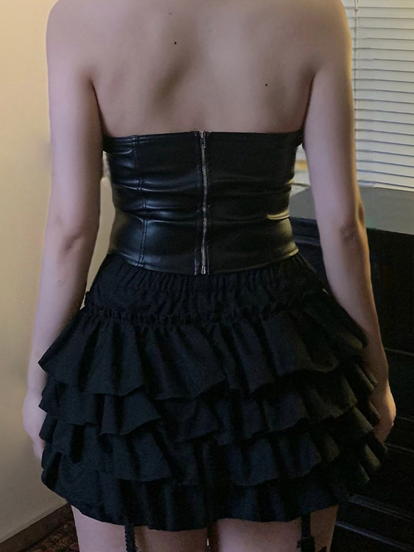 EMMIOL Faux Fur Collar Leather Bandeau Top