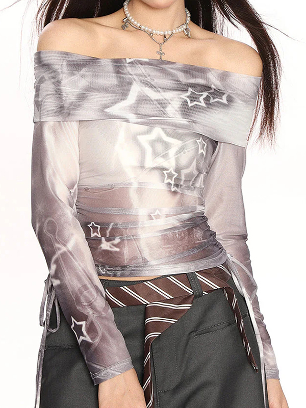 EMMIOL Star-Print Mesh Off-Shoulder Long Sleeve