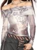 EMMIOL Star-Print Mesh Off-Shoulder Long Sleeve
