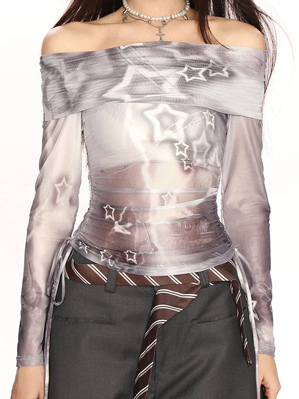 EMMIOL Star-Print Mesh Off-Shoulder Long Sleeve