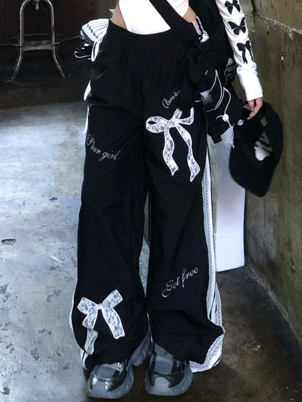 EMMIOL Pantalones anchos de encaje con estampado de mariposas