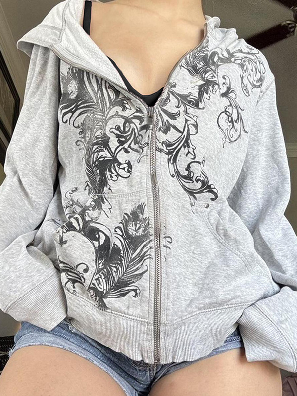 EMMIOL Retro Print Zip Up Hoodie Jacket