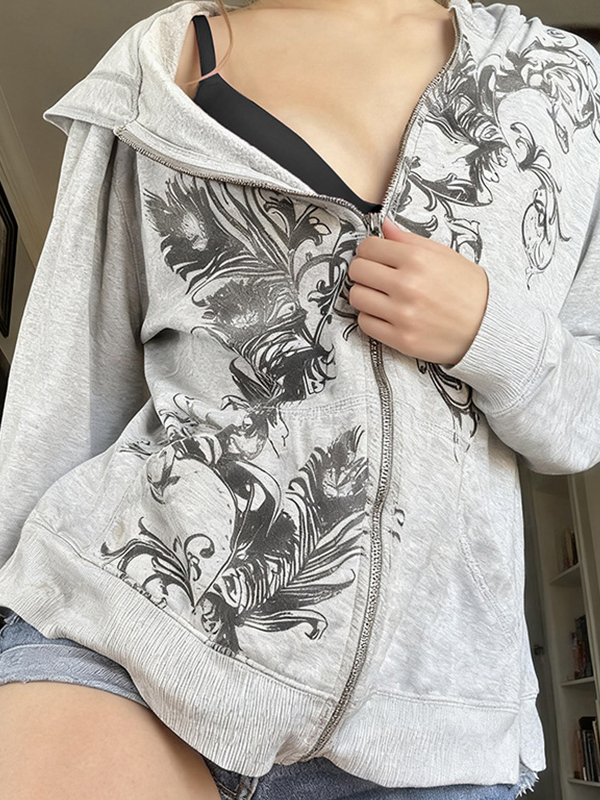 EMMIOL Retro Print Zip Up Hoodie Jacket