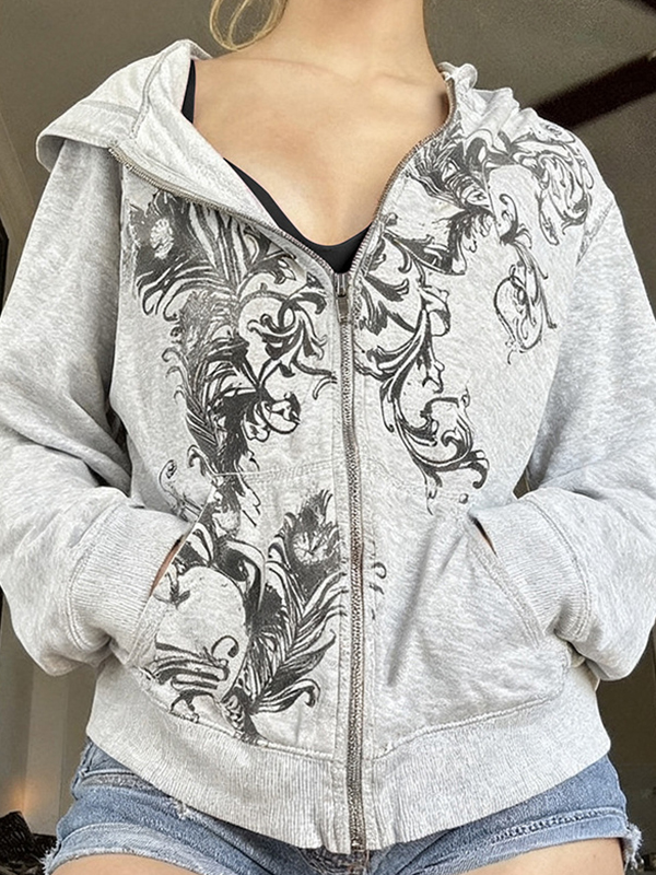 EMMIOL Retro Print Zip Up Hoodie Jacket