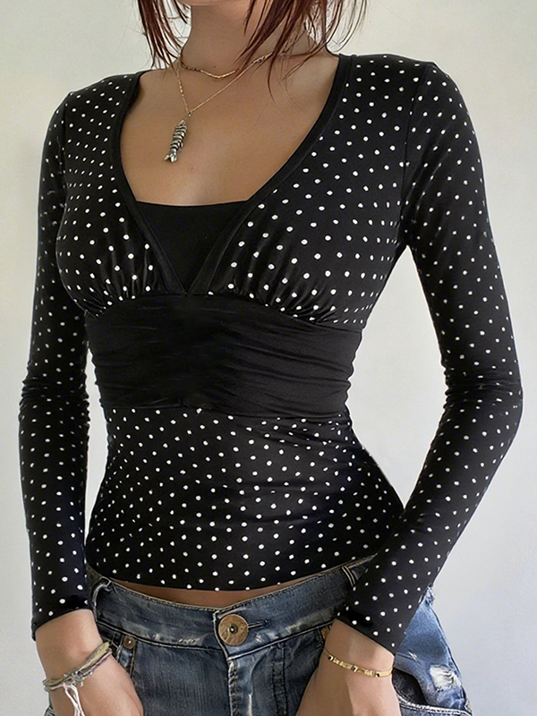 EMMIOL Faux Two-Piece Polka Dot Long Sleeve
