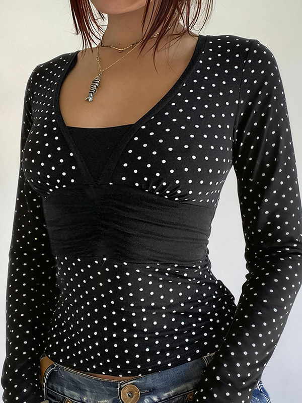 EMMIOL Faux Two-Piece Polka Dot Long Sleeve
