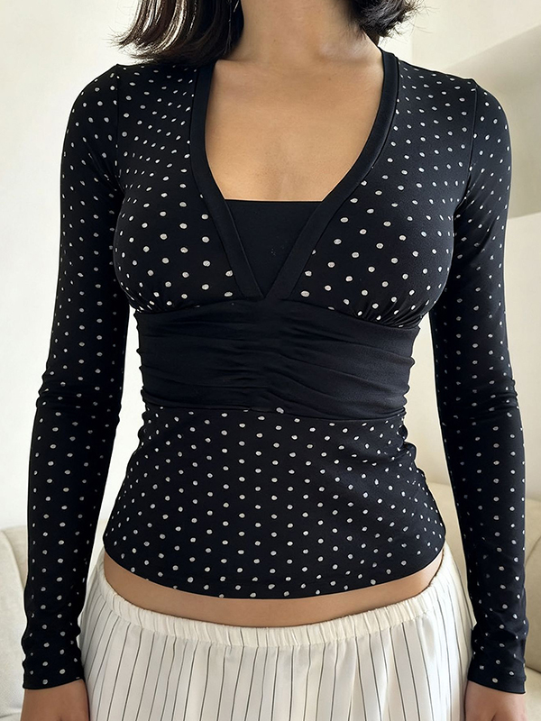 EMMIOL Faux Two-Piece Polka Dot Long Sleeve
