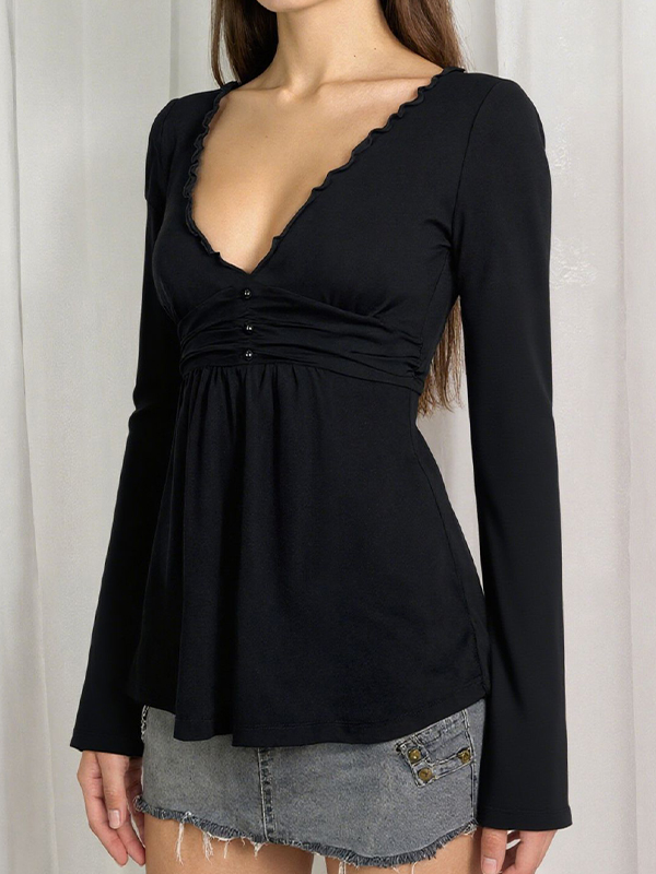 EMMIOL Lace Trim Low-Cut V-Neck Long Sleeve
