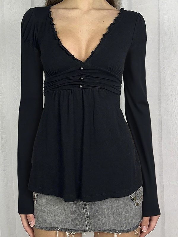 EMMIOL Lace Trim Low-Cut V-Neck Long Sleeve