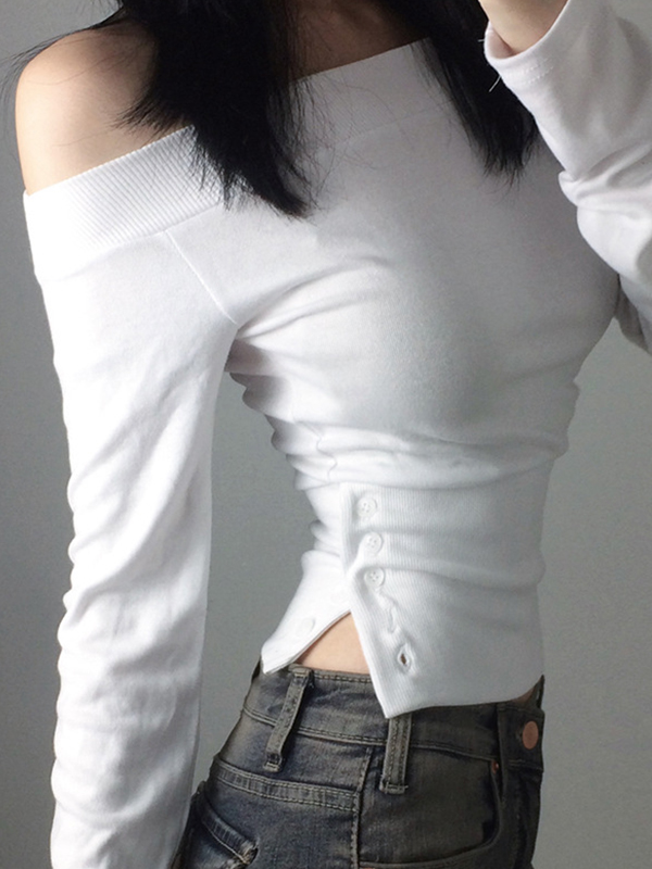 EMMIOL Off-Shoulder Button Long Sleeve