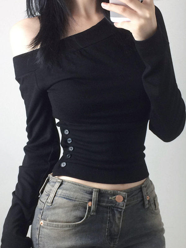 EMMIOL Off-Shoulder Button Long Sleeve