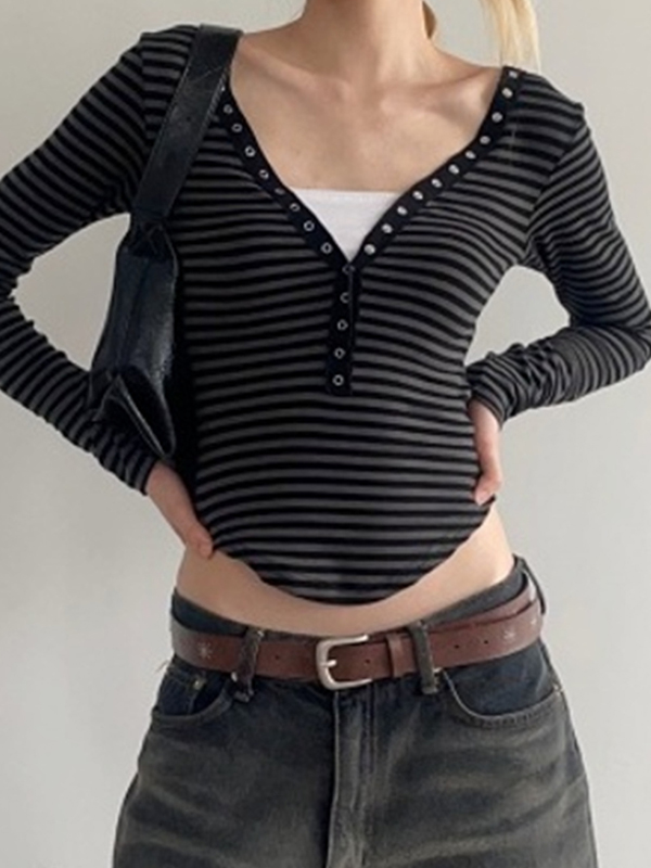 EMMIOL V Neck Stripes Long Sleeve