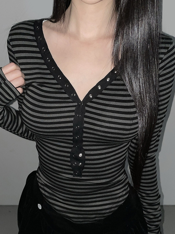 EMMIOL V Neck Stripes Long Sleeve