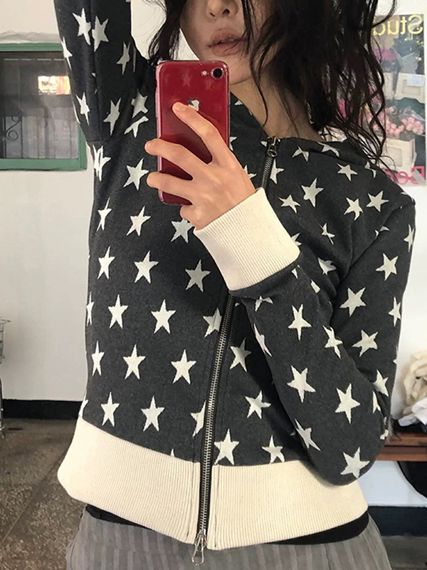EMMIOL Kapuzenjacke mit Reißverschluss im Retro-Star-Print