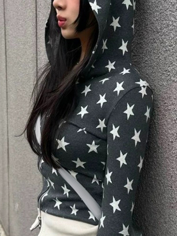 EMMIOL Kapuzenjacke mit Reißverschluss im Retro-Star-Print