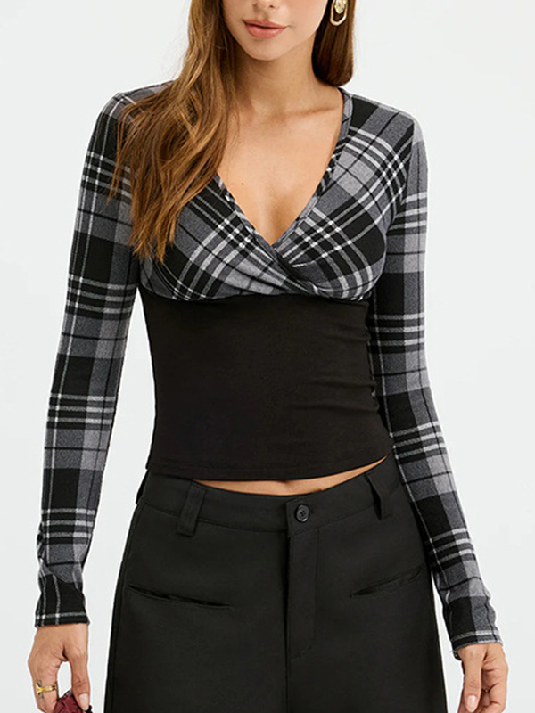 EMMIOL Contrasting Checkered Pattern Long Sleeve