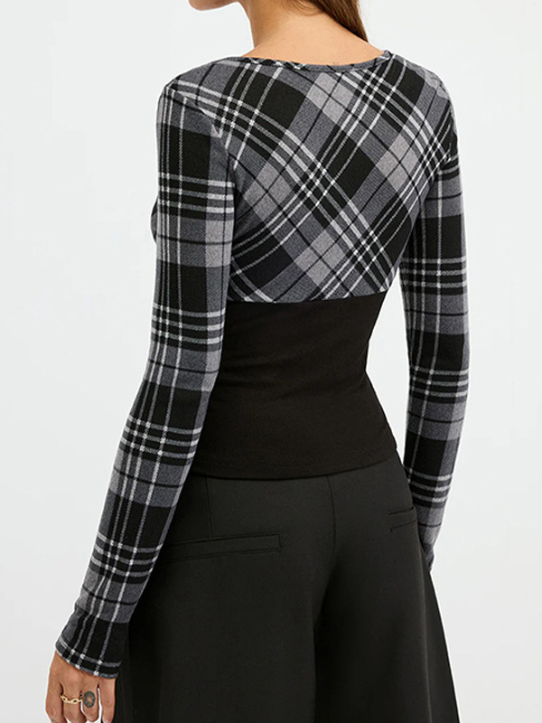 EMMIOL Contrasting Checkered Pattern Long Sleeve