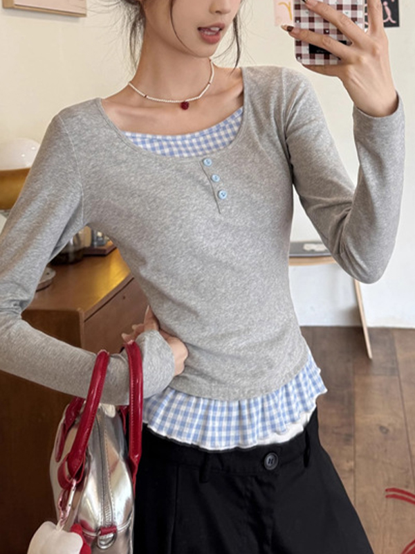 EMMIOL Graues Patchwork-Karo-Langarmshirt