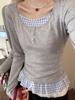 EMMIOL Graues Patchwork-Karo-Langarmshirt