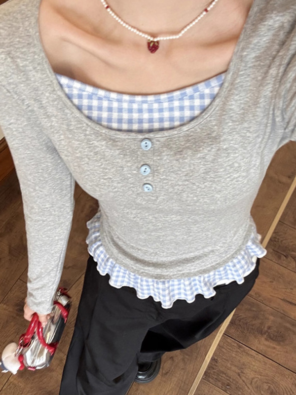 EMMIOL Graues Patchwork-Karo-Langarmshirt