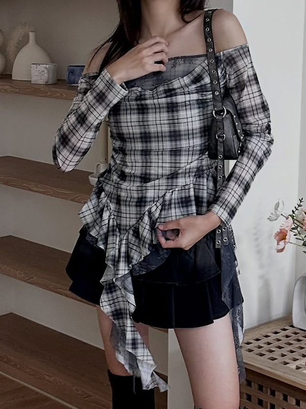 EMMIOL Kariertes Mesh-Langarmshirt