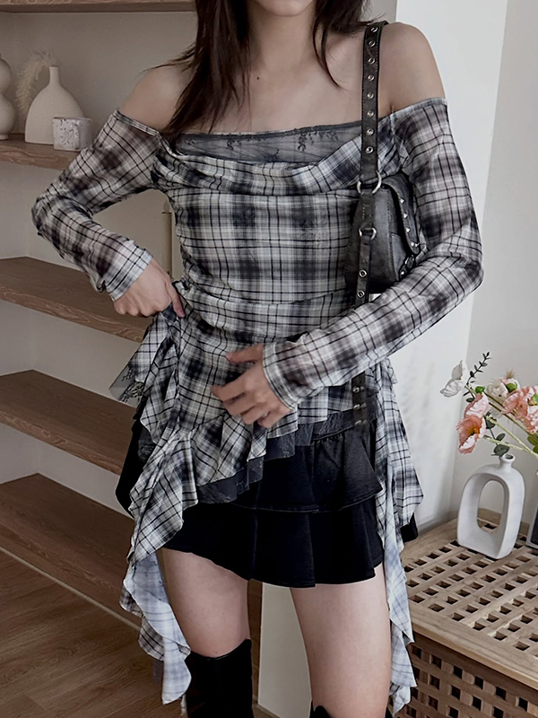EMMIOL Kariertes Mesh-Langarmshirt