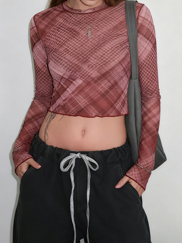 EMMIOL Kariertes Mesh-Langarmshirt