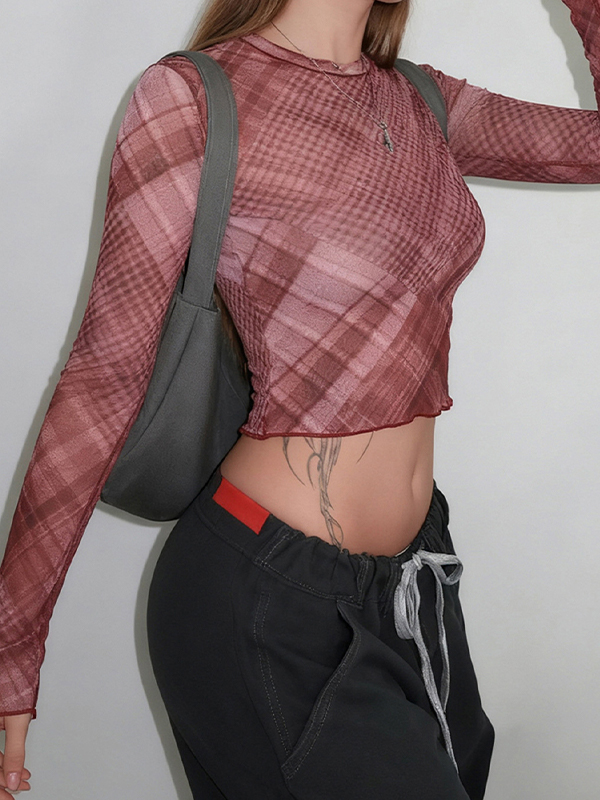 EMMIOL Kariertes Mesh-Langarmshirt