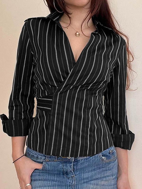 EMMIOL Retro-Schnürhemden mit schmaler Taille und Streifen