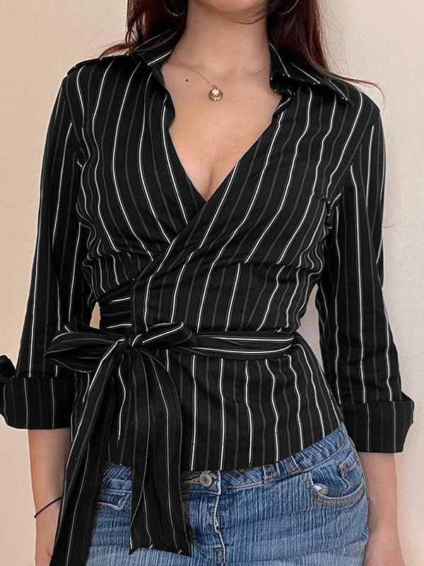 EMMIOL Retro-Schnürhemden mit schmaler Taille und Streifen