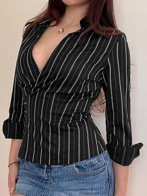 EMMIOL Retro-Schnürhemden mit schmaler Taille und Streifen