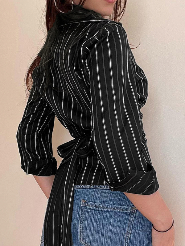 EMMIOL Retro-Schnürhemden mit schmaler Taille und Streifen