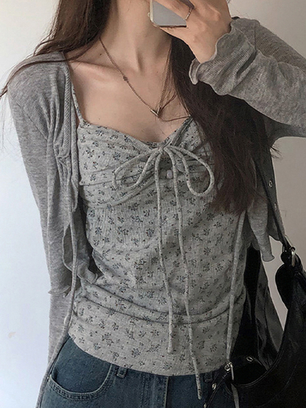 EMMIOL Langarmshirt mit kleiner Blumenschnürung