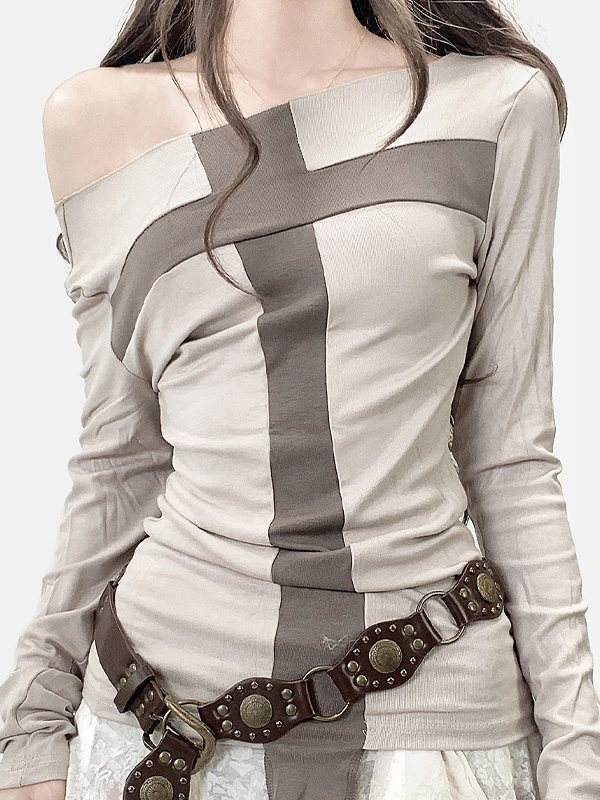 EMMIOL Schulterfreies Langarmshirt mit Kreuzdruck