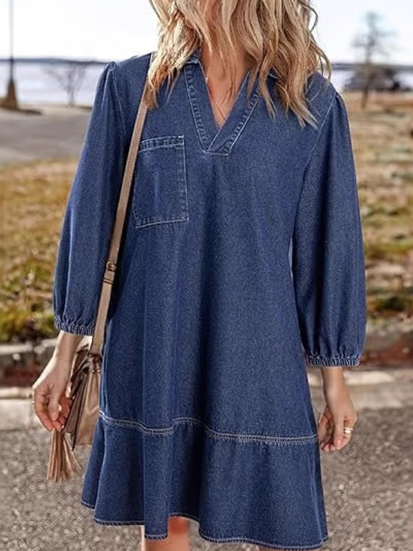 EMMIOL V-Neck Puff-Sleeve Denim Dress
