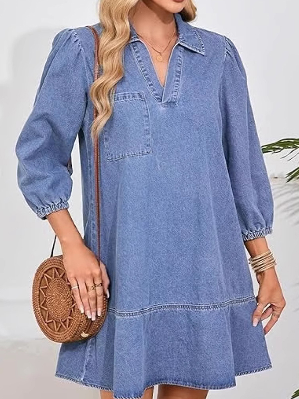 EMMIOL V-Neck Puff-Sleeve Denim Dress