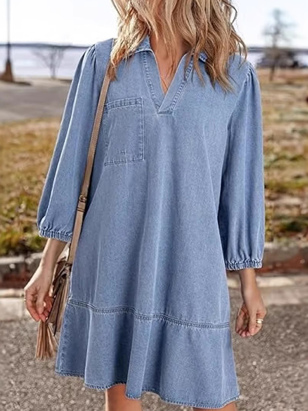 EMMIOL V-Neck Puff-Sleeve Denim Dress