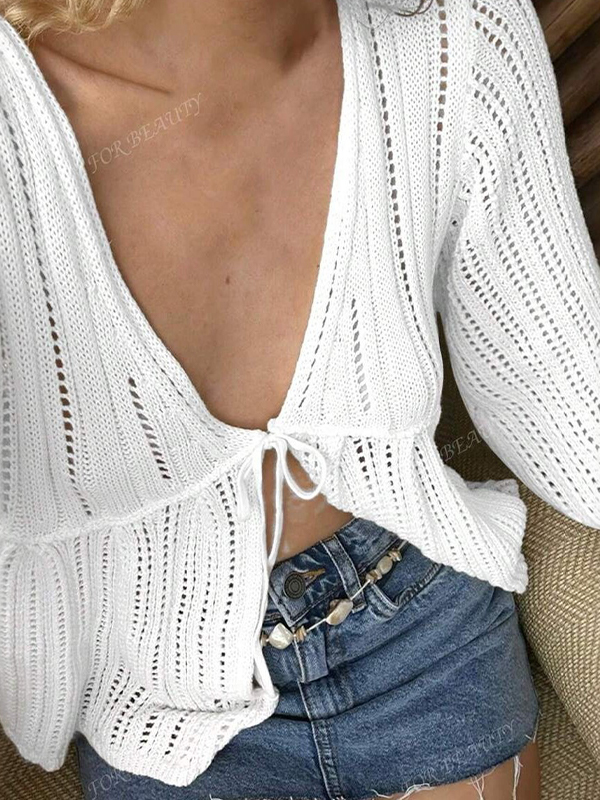 EMMIOL Lockeres Resort-Langarmshirt mit Lochmuster