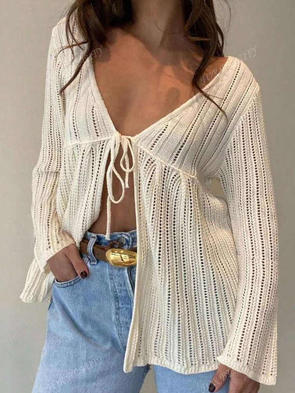 EMMIOL Lockeres Resort-Langarmshirt mit Lochmuster
