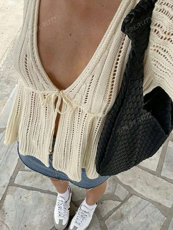 EMMIOL Lockeres Resort-Langarmshirt mit Lochmuster