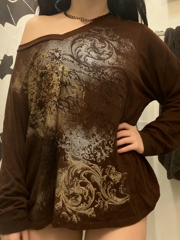 EMMIOL Übergroßes Langarmshirt mit V-Ausschnitt und Retro-Print