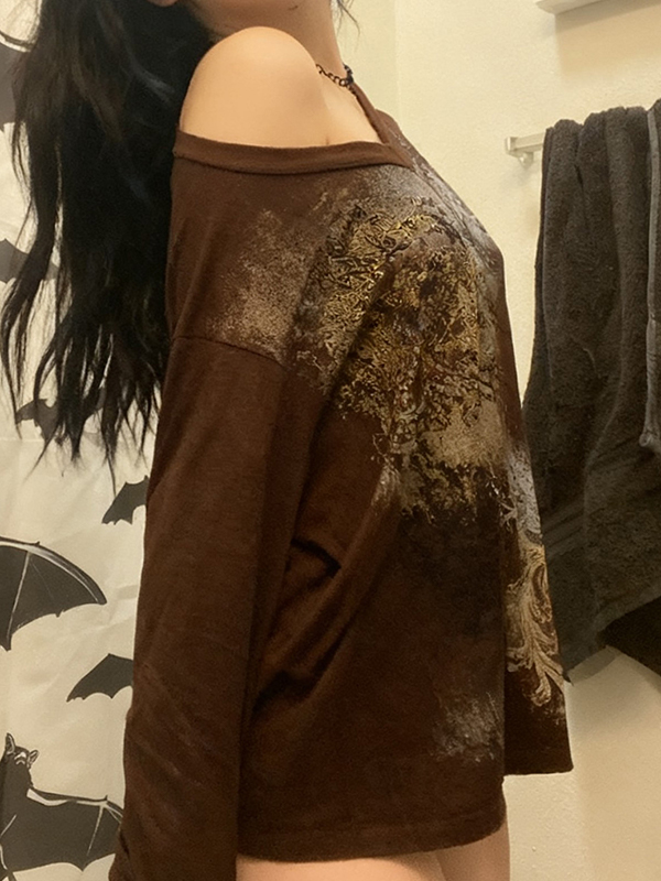 EMMIOL Übergroßes Langarmshirt mit V-Ausschnitt und Retro-Print