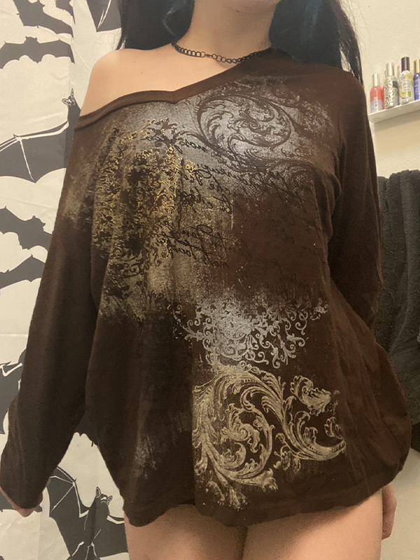 EMMIOL Übergroßes Langarmshirt mit V-Ausschnitt und Retro-Print